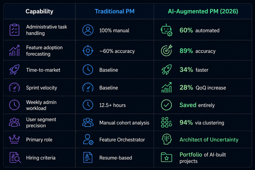 table showing traditional product managers and Ai augmented product managers
