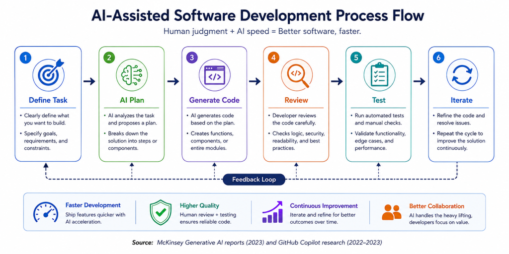 AI-assisted software development process flow showing Define Task, AI Plan, Generate Code, Review, Test, and Iterate stages in a vibe coding workflow.