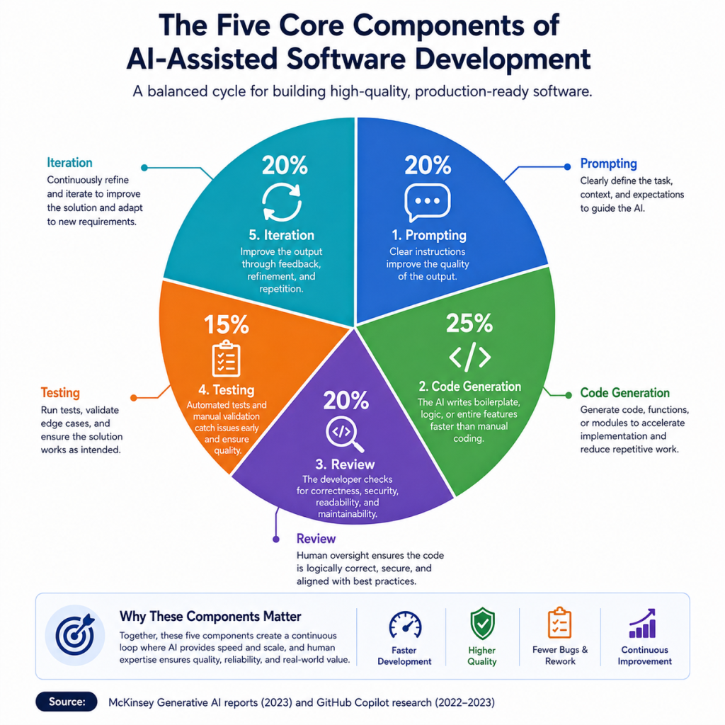 Pie chart showing the five core components of vibe coding: Prompting (20%), Code Generation (25%), Review (20%), Testing (15%), and Iteration (20%) in AI-assisted software development