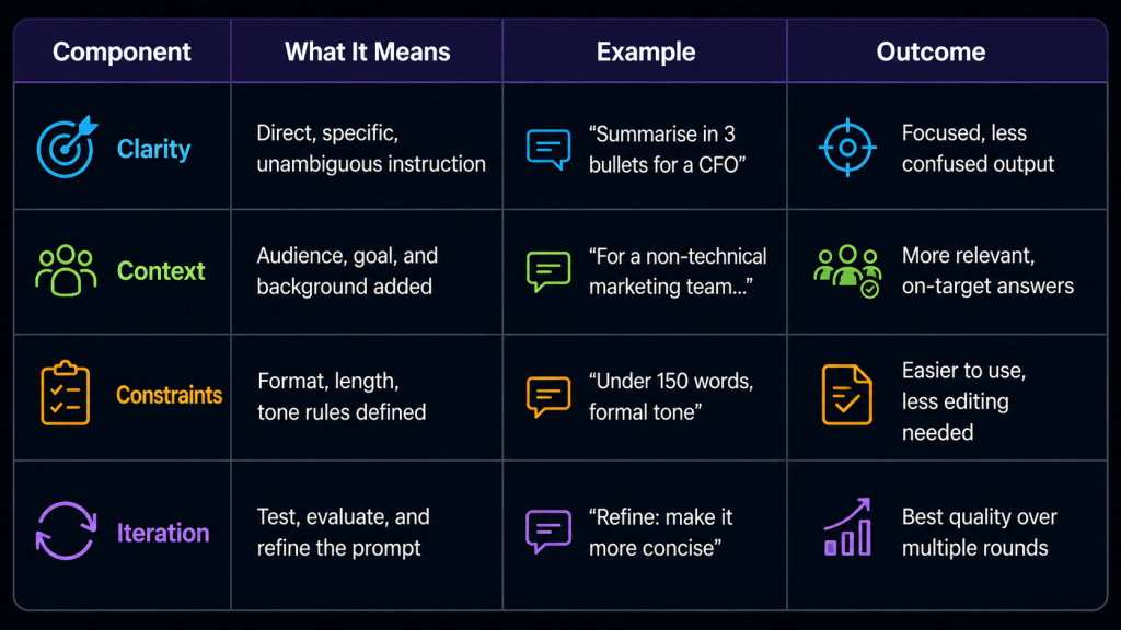 table showing core components of prompt engineering