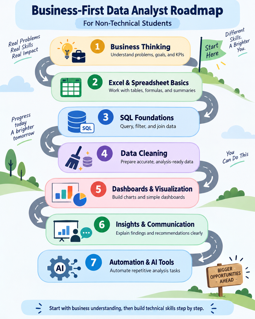 Business-first data analyst roadmap for non-technical students