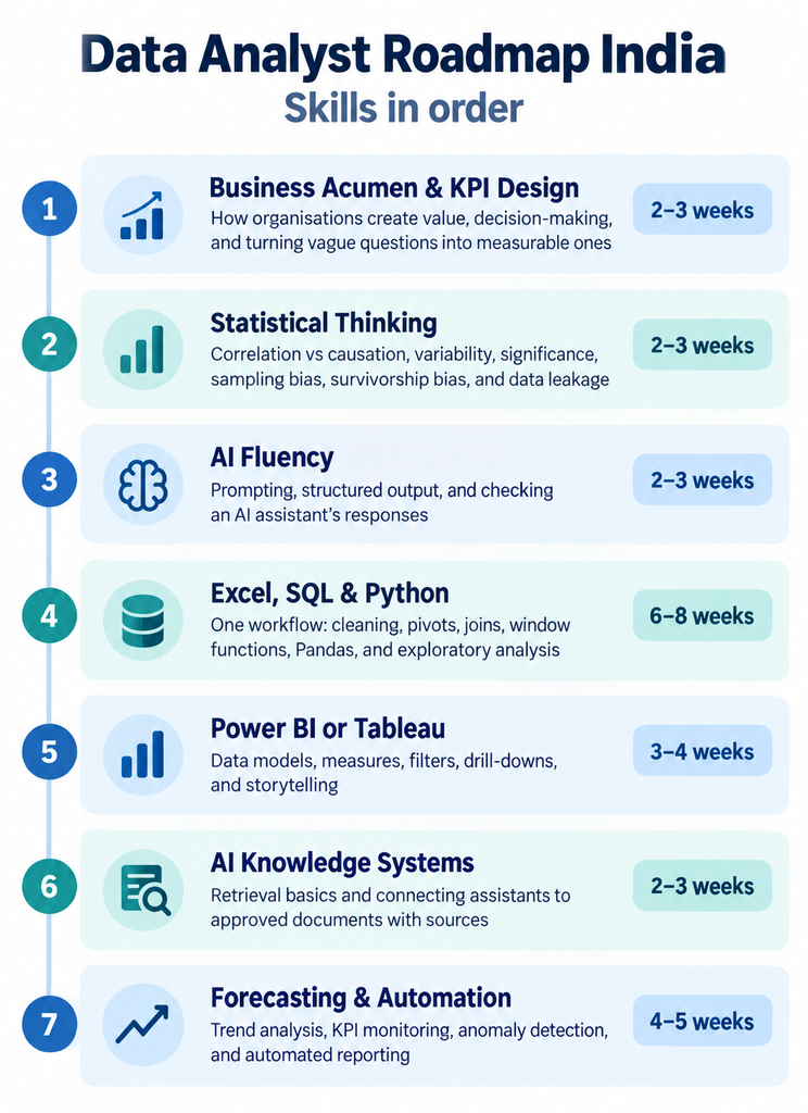 Data analyst roadmap India skills in order