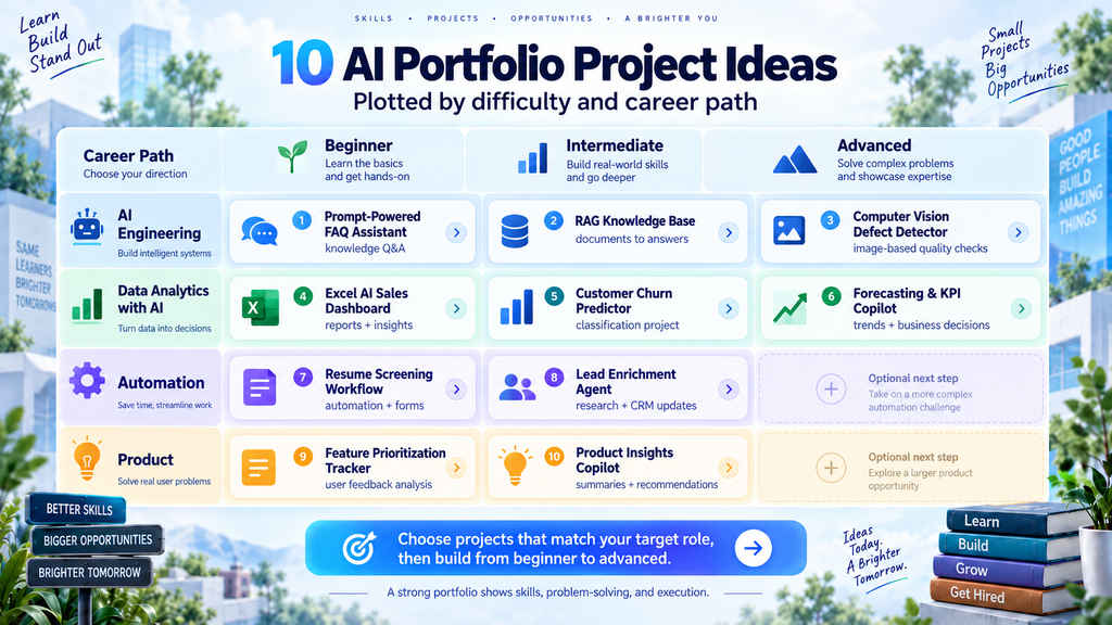 Ten AI portfolio project ideas by difficulty and career path