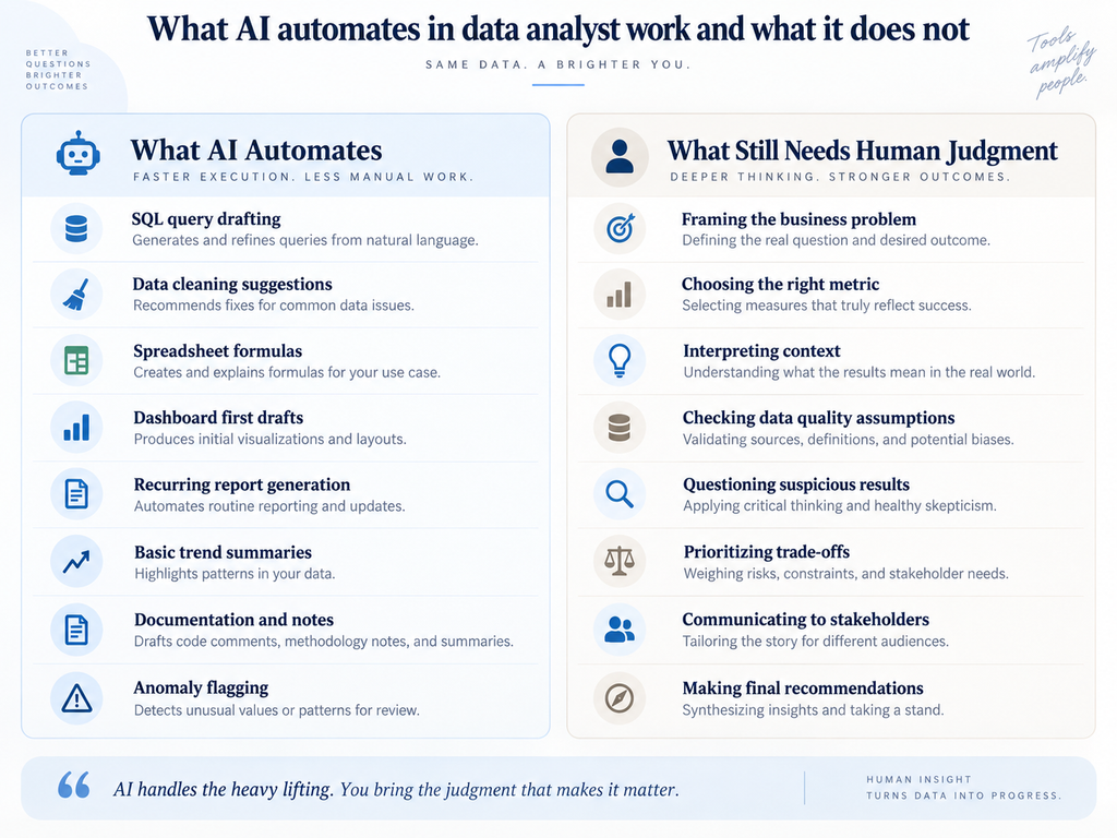 What AI automates in data analyst work and what it does not